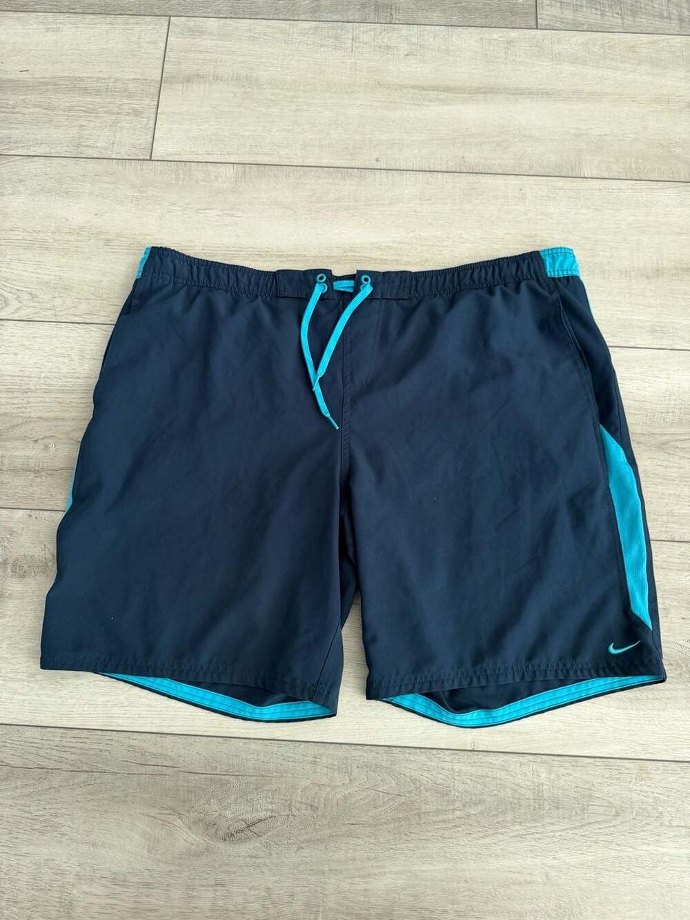 Nike Navy Blue and Turquoise Swim Trunks with Drawstring and Lined Pockets